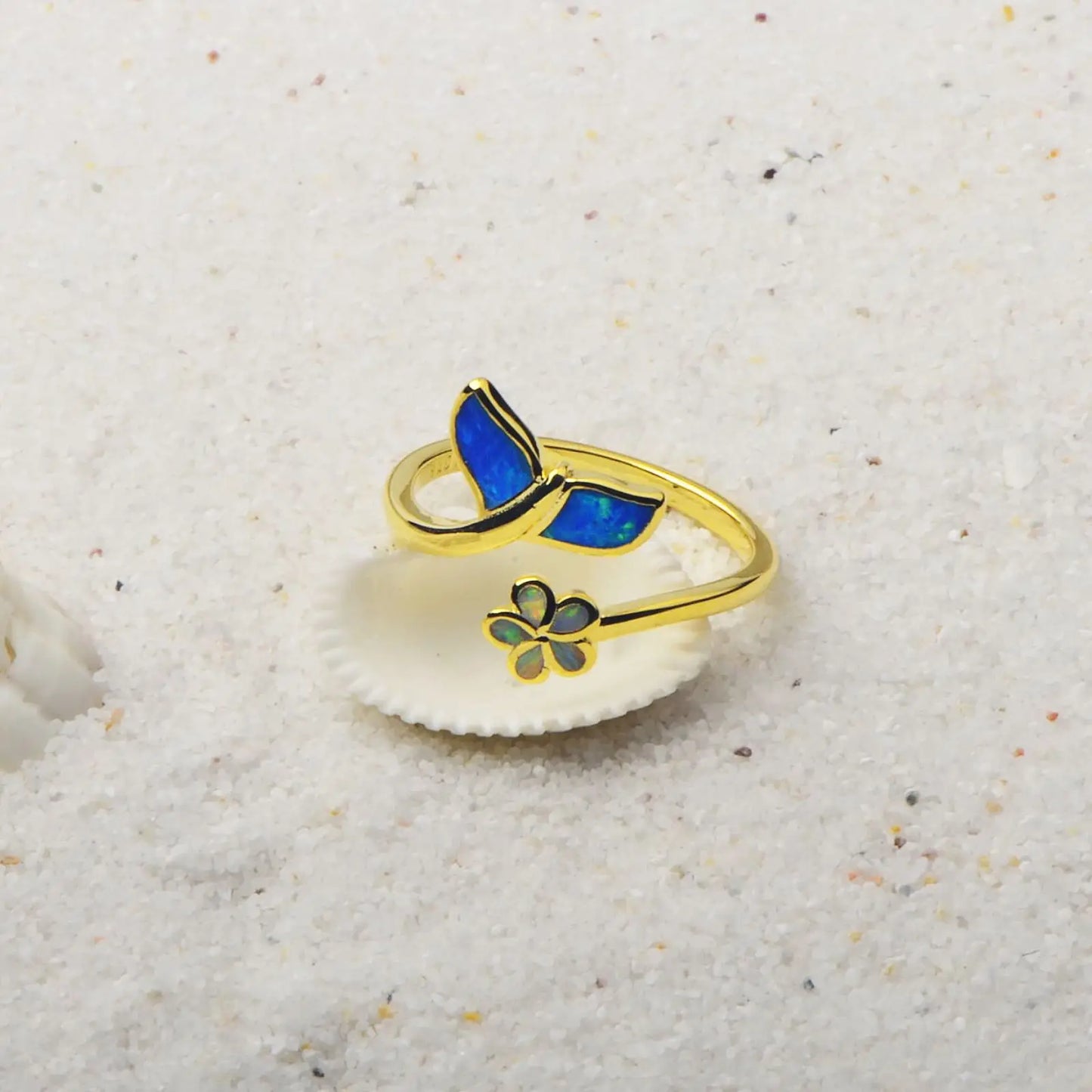 Mermaid Tail  Flower Opal Open Ring  Gem Gold-Plated Band  Enchanting Ocean-Themed Jewelry for Women Trendy Style