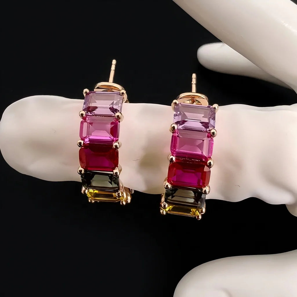 Gemfiori Luxury Fine Jewelry Colorful Emerald Cut Lab Grown Sapphire Solid 18K Rose Gold Earrings for Female Anniversary Gift Engagement