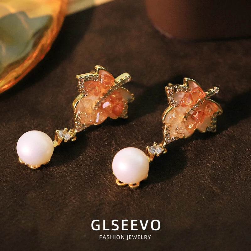 Natural Freshwater Pearl Leaf-Shaped Zircon Crystals Pendant Earrings Fashion New Design Earrings for Women'S Jewellery GE1751