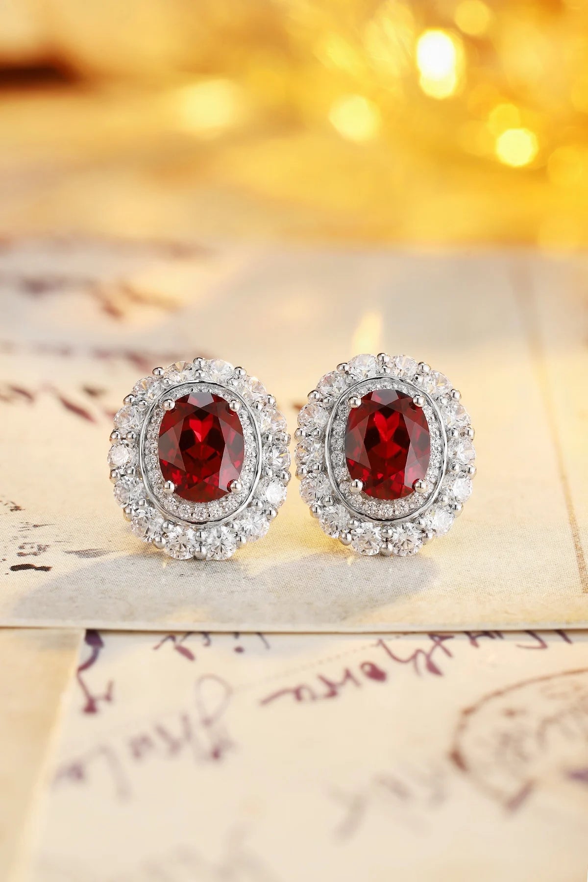 Gemfiori Classic 925 Sterling Silver Rhodium Plated Lab Grown Ruby Earrings Gemstone Jewelry Halo Stud Earring for Women