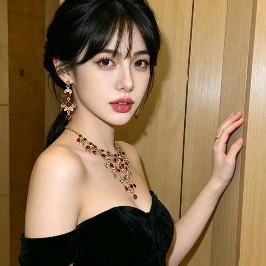 XM S389 Gold Plated Coffee Brown Topaz Tassel Water Drop Pendant Necklace & Drop Earrings Set