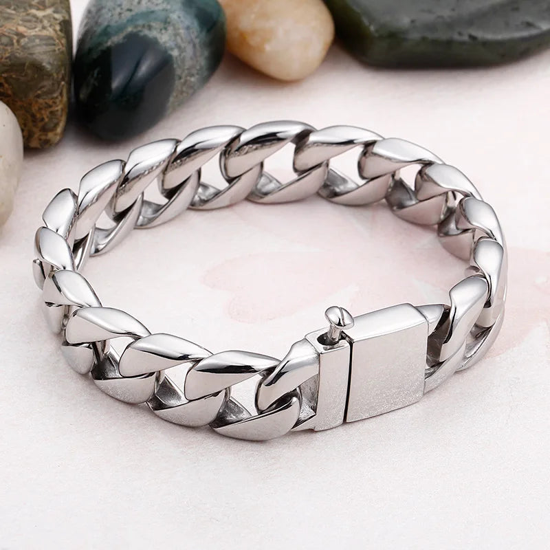 KALEN Fashion Shiny Stainless Steel Cuban Chain Bracelet for Men