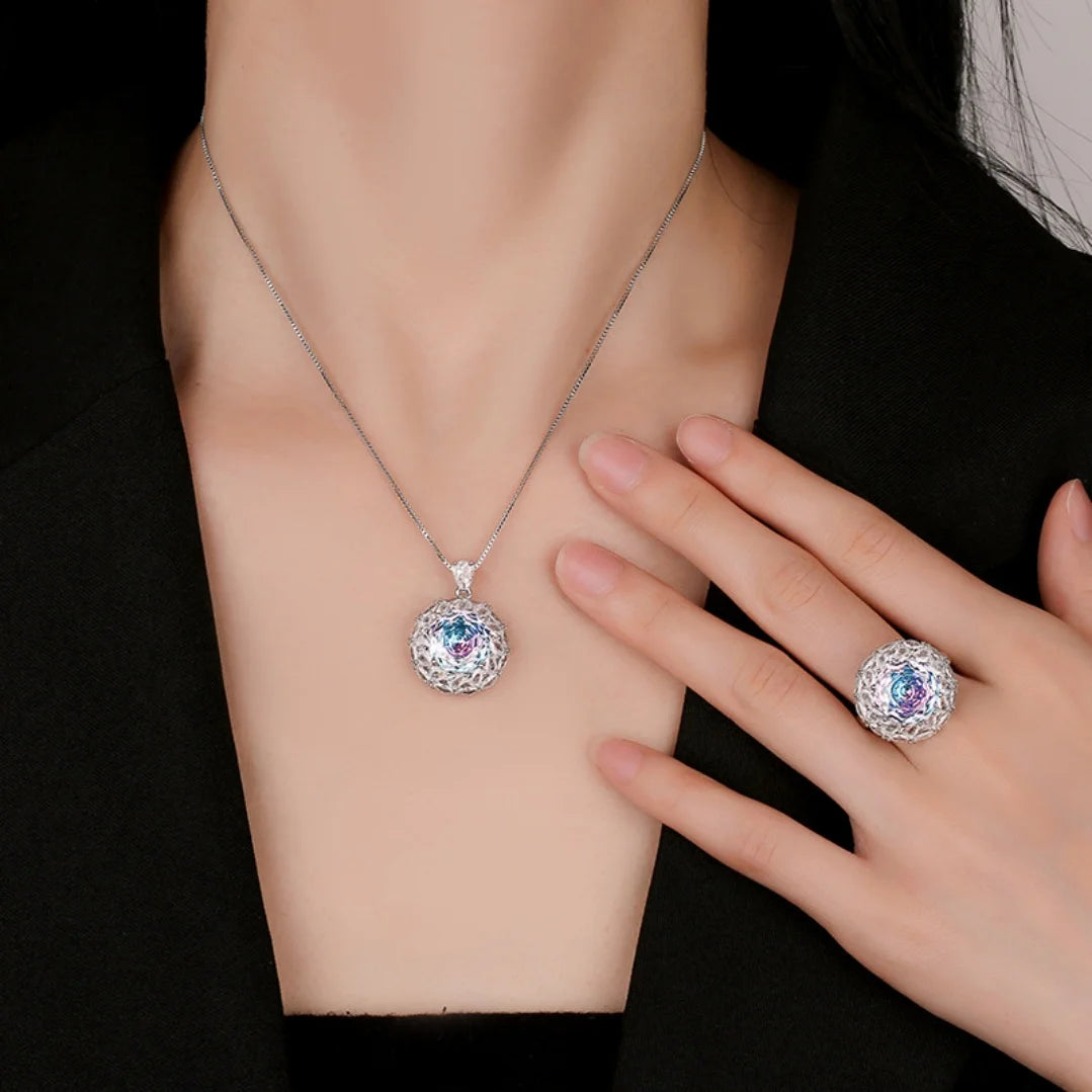 S&S Colour-Shifting Zircon Jewellery Set – Pendant & Ring – Navy Blue & Pink – Collection