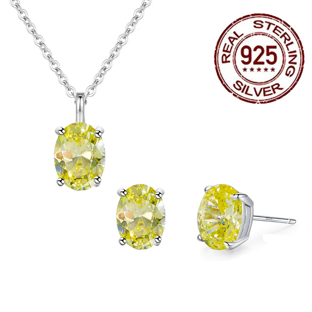 High Quality S925 Sterling Silver Pendant Earrings Green Oval Cubic Zirconia Jewelry Set for Women Daily Anniversary Wear