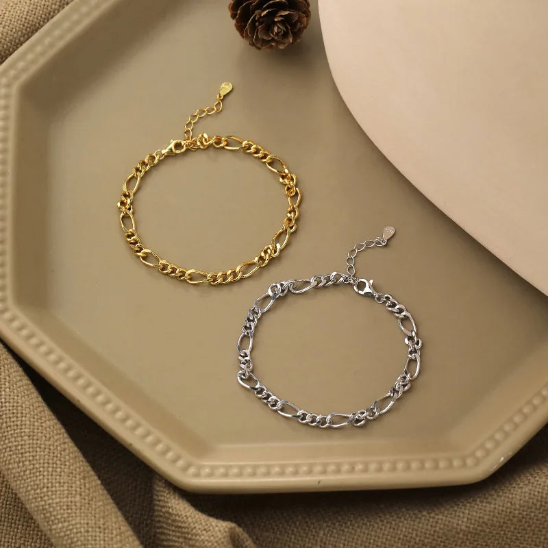 BiG-BOSS XI Qing Fine Bracelet Gold Plated S925 Silver Figaro Chain Bracelet Bracelet for Women Gifts Everyday Wear