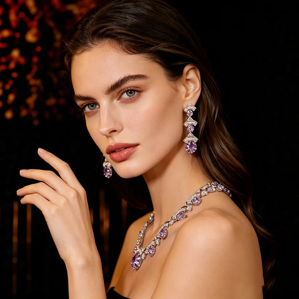 Luxury Cushion-Cut Purple Zirconia Floral Statement Necklace & Drop Earrings Bridal Set — Silver Plated