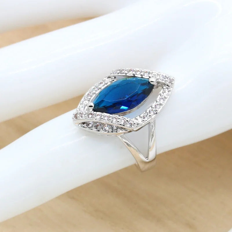 XOTICA Silver Jewelry for Women Royal Blue Zircon Necklace Earrings Bracelet Ring Sets for Wedding Parties and Gifts