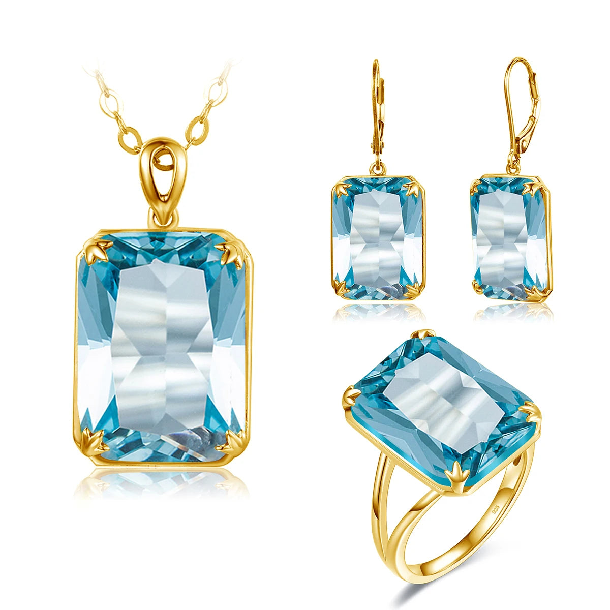 ArtistA Szjinao Women Sparkling Blue Sapphire Pendant Earrings Ring Set Real 925 Sterling Silver Gold Plated Luxury Jewelry Set