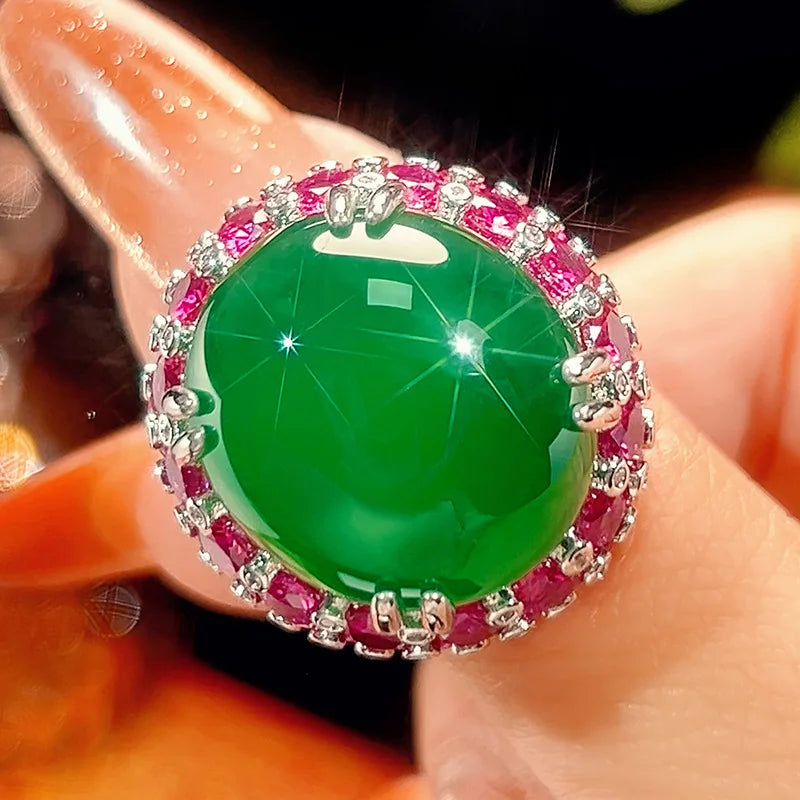 REDheart Brass Inlaid Zircon Open Movable Ring Simulation Green Chalcedony Fluorescent Advanced Luxury 18K Gold Plated Flower Design Set