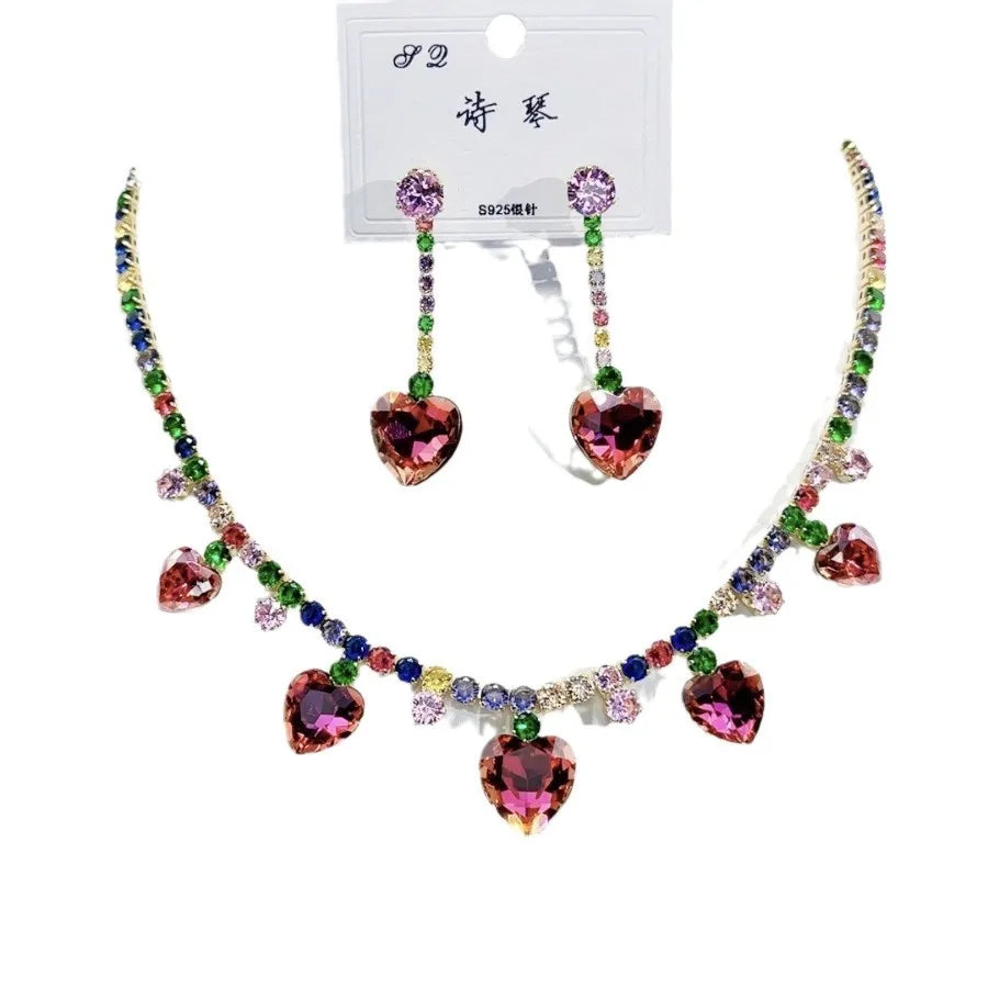 K093 Wholesale Women Trendy Luxurious Heart Multi Zircon Bridal Necklace Earrings Set Wedding Elegant Jewelry Set