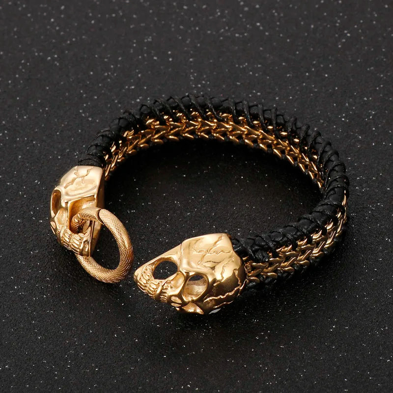 KALEN Punk Skull Fashion Jewelry Bracelets Stainless Steel Cowhide Leather Bracelet Bangle
