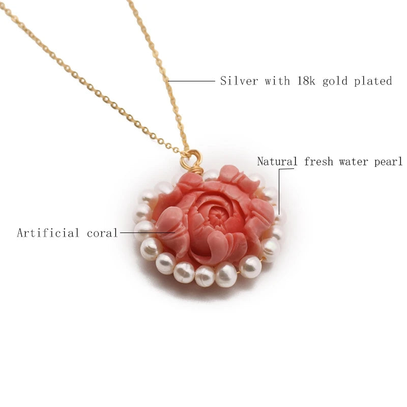 Coral Natural Freshwater Pearl Necklace 18k Brass Gold Plated Flower Elegant Luxury Necklace Jewelry Lover Engagement Gift