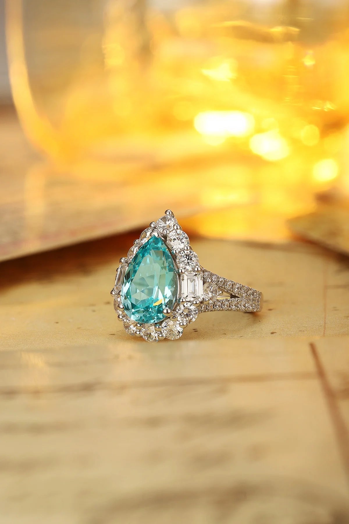 Gemfiori Vintage Lab Grown Paraiba Engagement Ring Sterling Silver 925 Rhodium Plated Pear Cut Wedding for Her Men's Anniversary Party