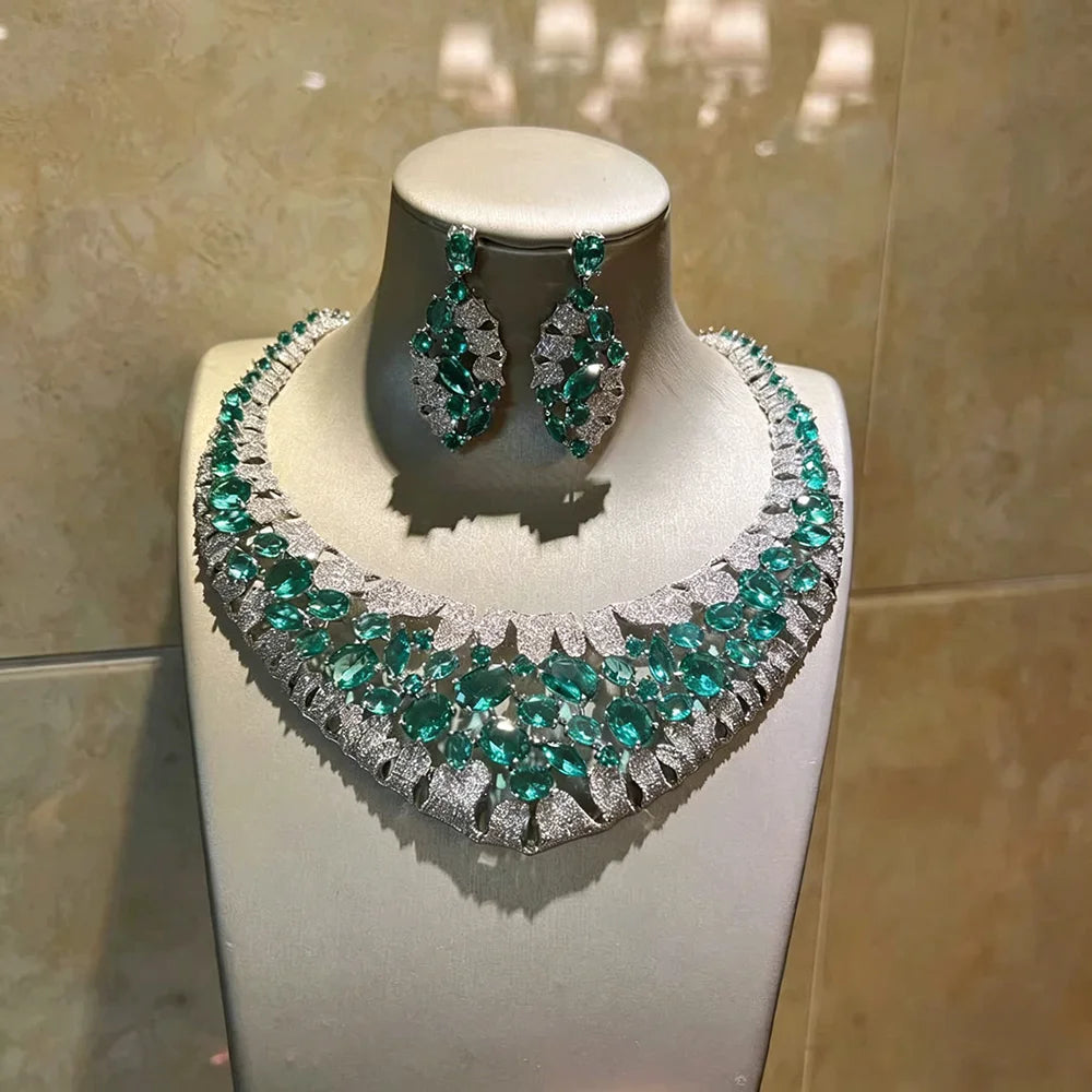 XM S298 Copper Silver Plated Natural Stone Statement Necklace and Earrings Jewelry Set for Women Wedding Gift
