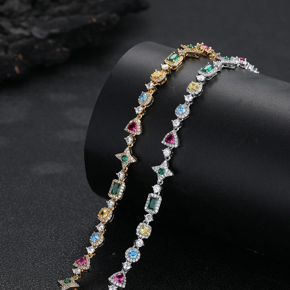 Luxury Geometric Zircon Tennis Necklace for Men and Women Colorful Gemstone Gold Plated Hip-Hop Necklaces