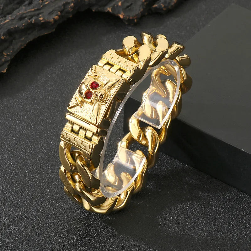 KALEN Mens Punk Fine Jewelry Fashion Bracelets Stainless Steel Red Zircon Skull Charm Links Bracelet