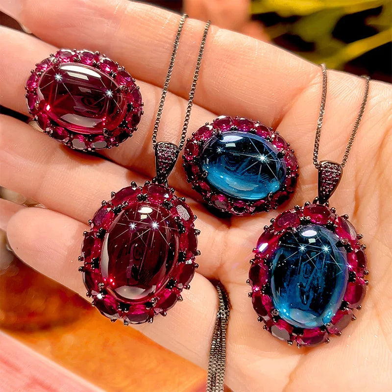 REDheart Brass Pearl Plated Black Movable Ring Simulation Trendy Women's Flower Design Rhodium/Gold Plated Advanced Pendant Jewelry Set