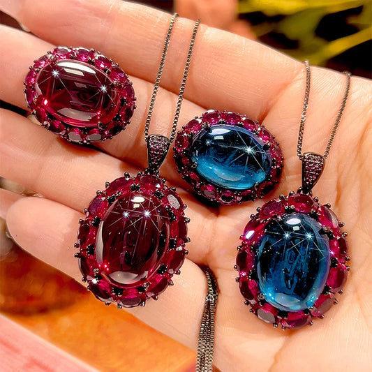 REDheart Brass Pearl Plated Black Movable Ring Simulation Trendy Women's Flower Design Rhodium/Gold Plated Advanced Pendant Jewelry Set