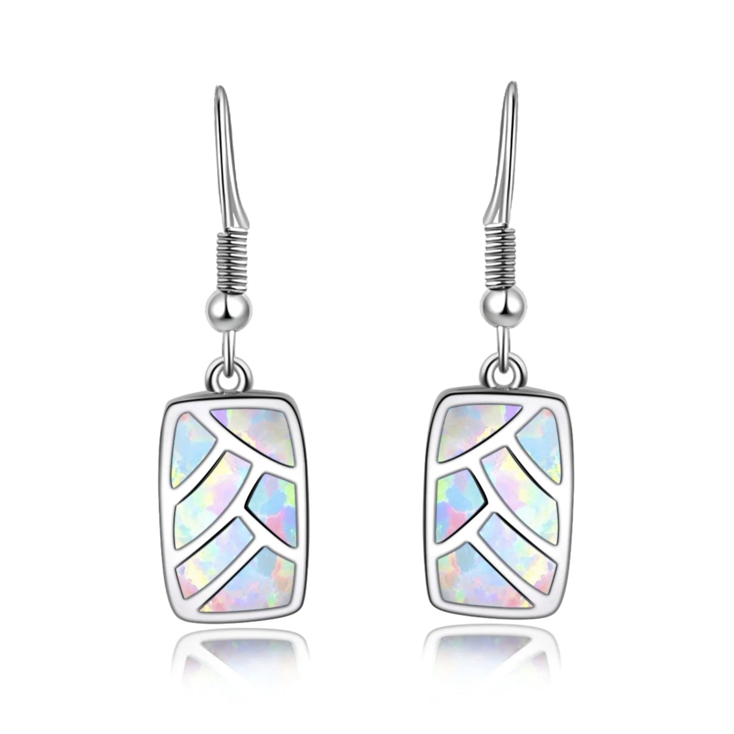Leaf-Pattern Opal Drop Earrings - Blue Fire Opal Inlaid Rectangular Frame Design | Nature-Chic Daily Jewelry Bulk Gifts