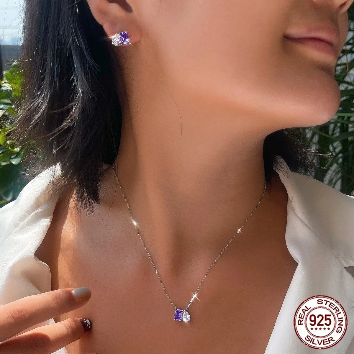Vivid 925 Sterling Silver Purple Zircon Jewelry Set Baguette Drop Necklace Earrings Rhodium Plated for Women, Formal Event