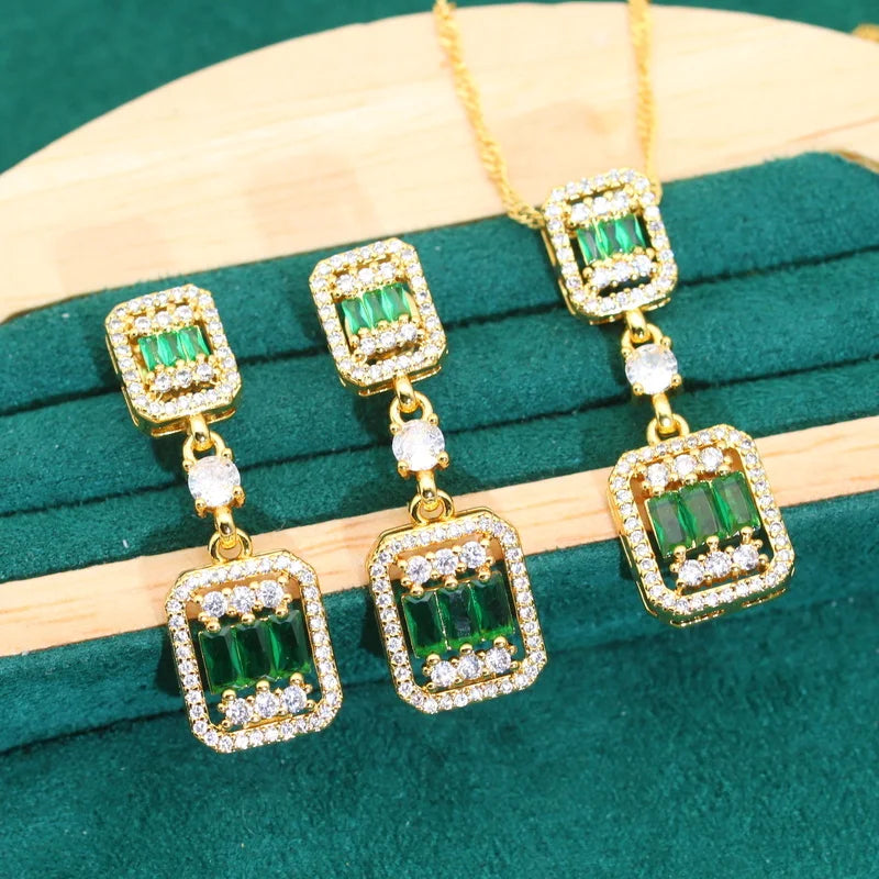XOTICA New Arrival Green Zircon Wedding Jewelry Set for Women Gold Color Bracelet Earrings Ring for Party Halloween Perfect Gift