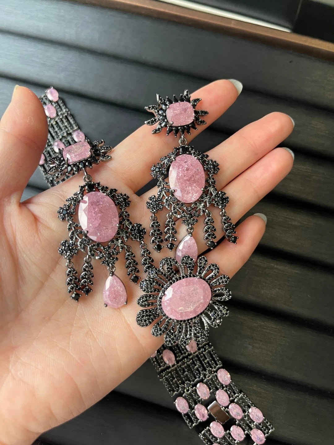XOTICA TIANSHE Vintage Dark Aged Heavy 3pcs Jewelry Set Sunflower Wide-row Bracelet Long Double-layer Dangle Earrings & Flower Ring