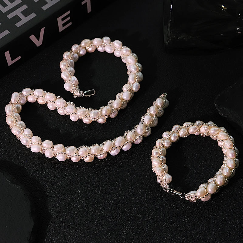 GLSEEVO Hand-Woven Natural Freshwater Pearl Necklace & Bracelet Set — Luxury Bridal Jewellery
