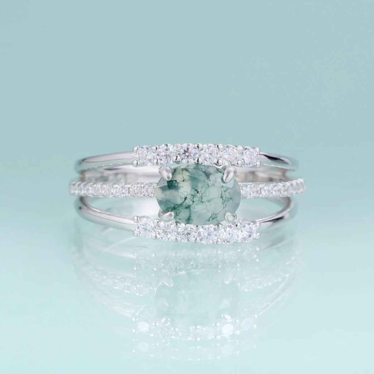 ArtistA Abiding Plated Silver 925 Natural Stone Ring Fancy Cut Natural Inspired Moss Agate Engagement Ring for Anniversary Bridal