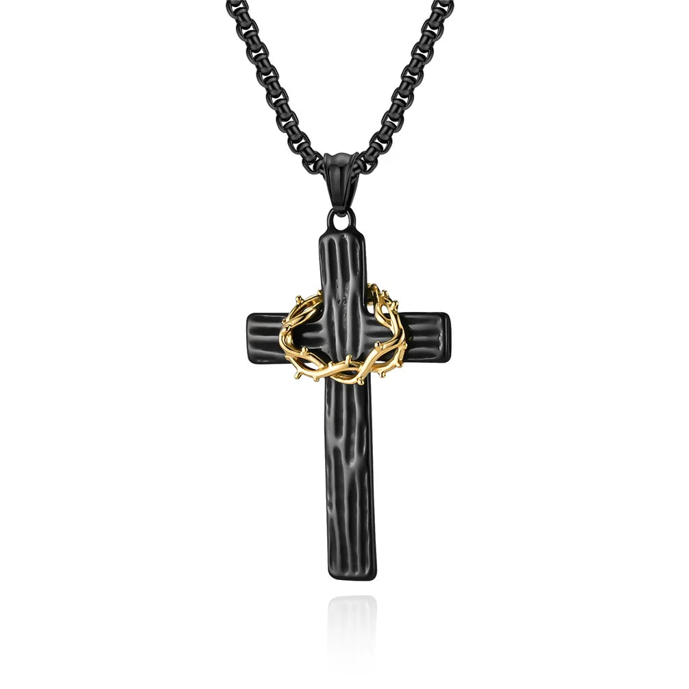 Hip Hop Wreath Wood Grain Religious Cross Anti Non Tarnish Free WaterProof Stainless Steel Fashion Jewelry Pendant Necklaces Men