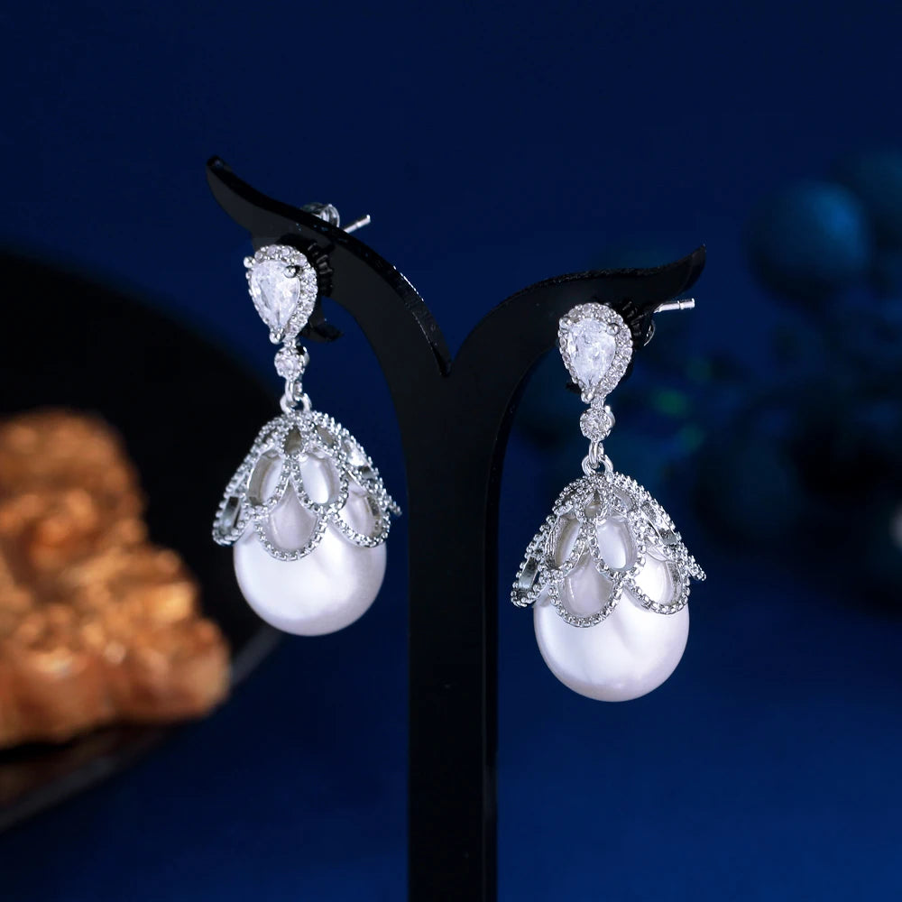 S&S CZ & Pearl Geometric Dangle Drop Earrings – Rhodium Silver Plated – Collection