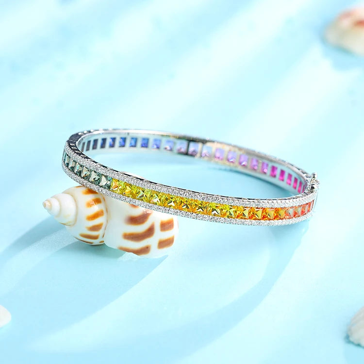 ArtistA ANSTER Silver Bracelets 925 Sterling Women Colorful Rainbow CZ Corundum Bangle