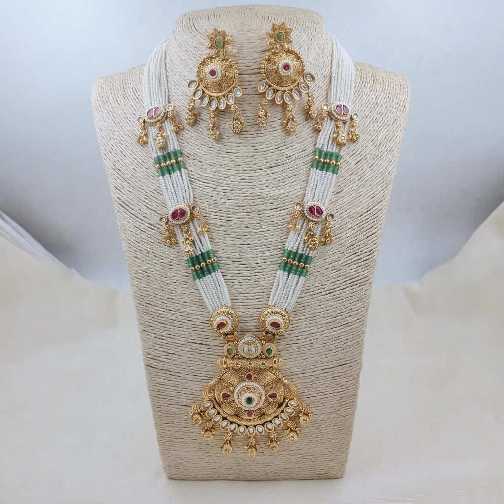 Premium Matt Gold Kundan Long Necklace Set with Earrings Traditional Temple Jewelry Pearl Beaded Pendant Necklace Indian Bridal
