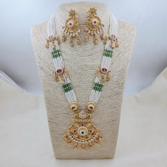 Lakshmi Premium Matt Gold Kundan Long Necklace Set with Earrings Traditional Temple Jewelry Pearl Beaded Pendant Necklace Indian Bridal