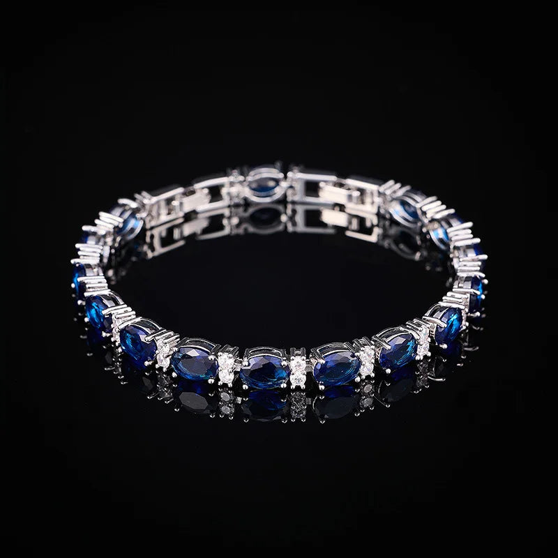 Hip Hop Korean Style Jewelry Oval Cut AAA Cubic Zirconia Blue Bracelet for Women Wedding Party Engagement Simple Versatile Gift