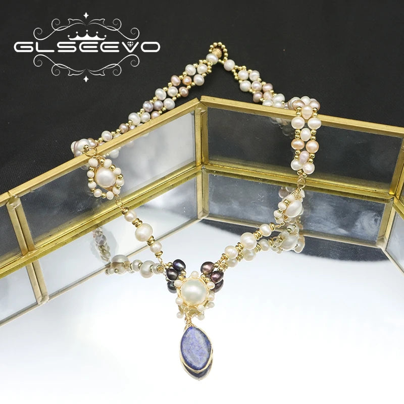 Natural Freshwater Pearl Lapis Lazuli Woven Handmade Pendant Necklace Colorful Multilayer Ball Chain Beaded Necklace Jewelry