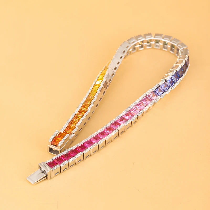 Gemfiori Luxurious and Fashionable Bracelet 925 Silver Rainbow Color Lab Grown Sapphire Tennis Bracelet 3.3mm Princess Shape Gemstones