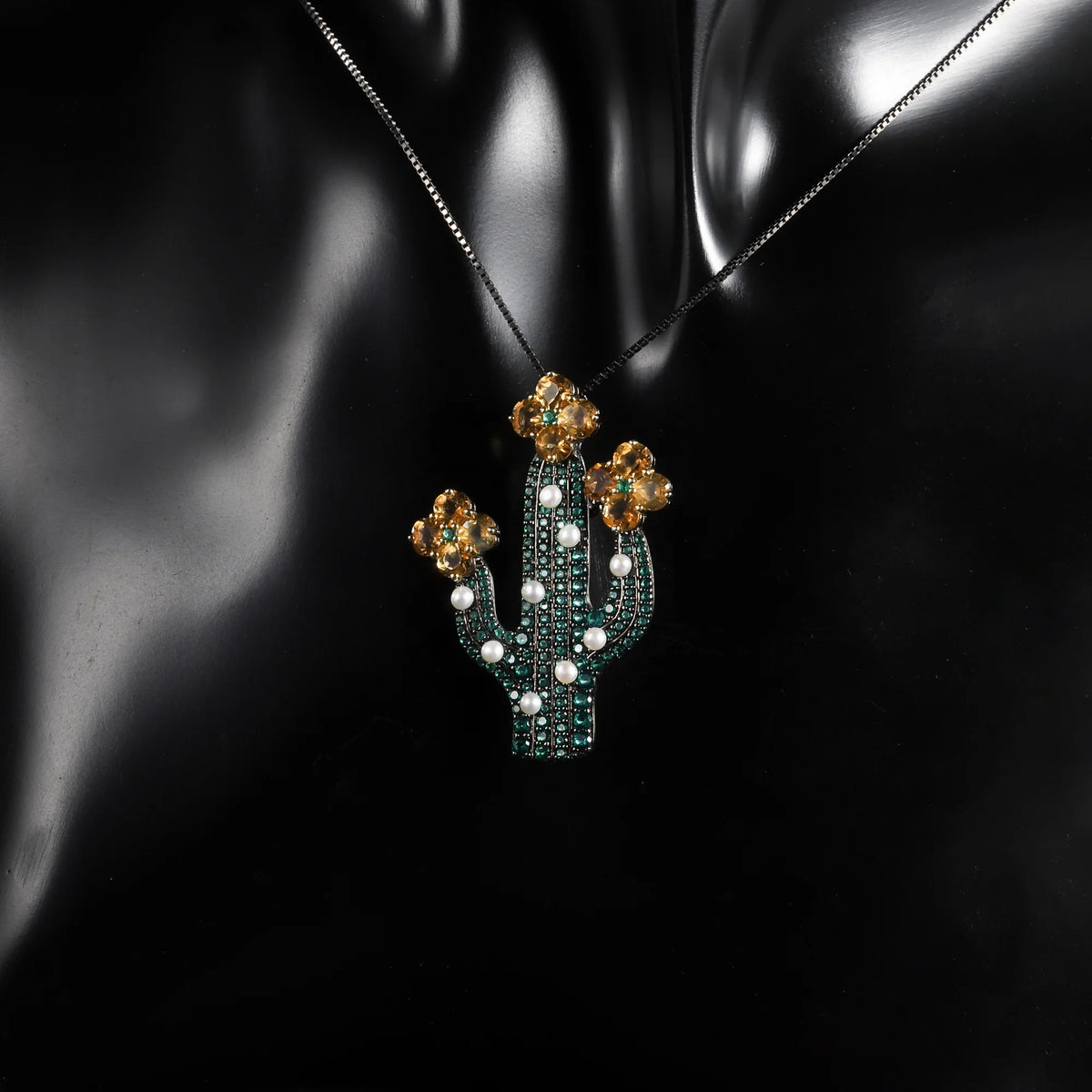 ArtistA Abiding Fine Jewelry Trendy Cactus Plant Citrine Flower Freshwater Pearl 925 Sterling Silver Brooch Pendant for Women