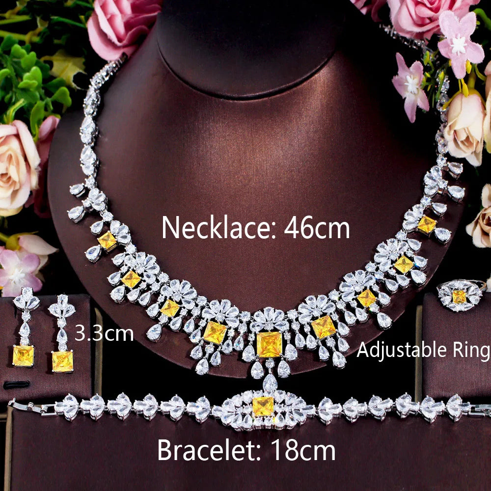 4pcs Big Dubai Cubic Zirconia Flower Fringed Expensive Luxury Chunky Wedding Bridal Necklace Jewelry Sets for Women Jewellery