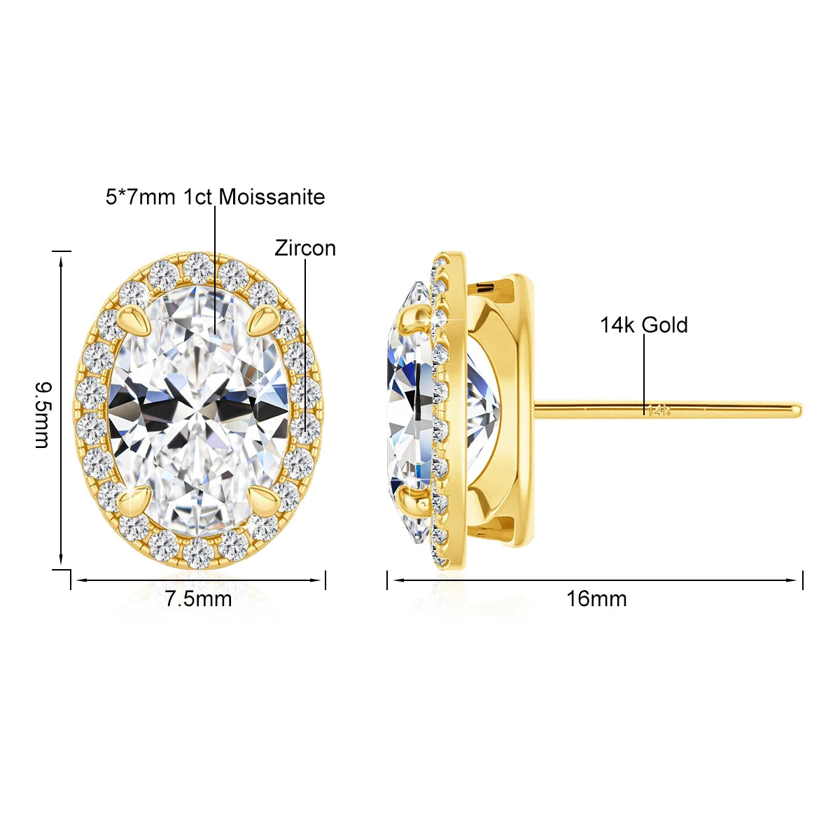Gioiellieri Luxury Style Jewelry Engagement Wedding Gift Hollow 14K Gold Classic Halo 1 Carat Oval Moissanite Woman Stud Earrings