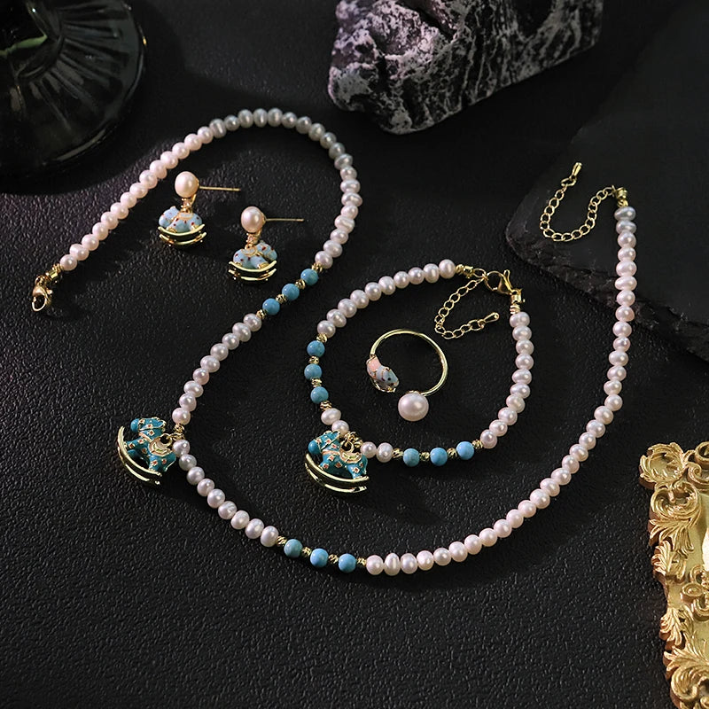 Natural Freshwater Pearl Blue Rocking Horse Jewelry Set for Women Birthday Gift Necklace Bracelet Earrings Ring Dainty Jewelry