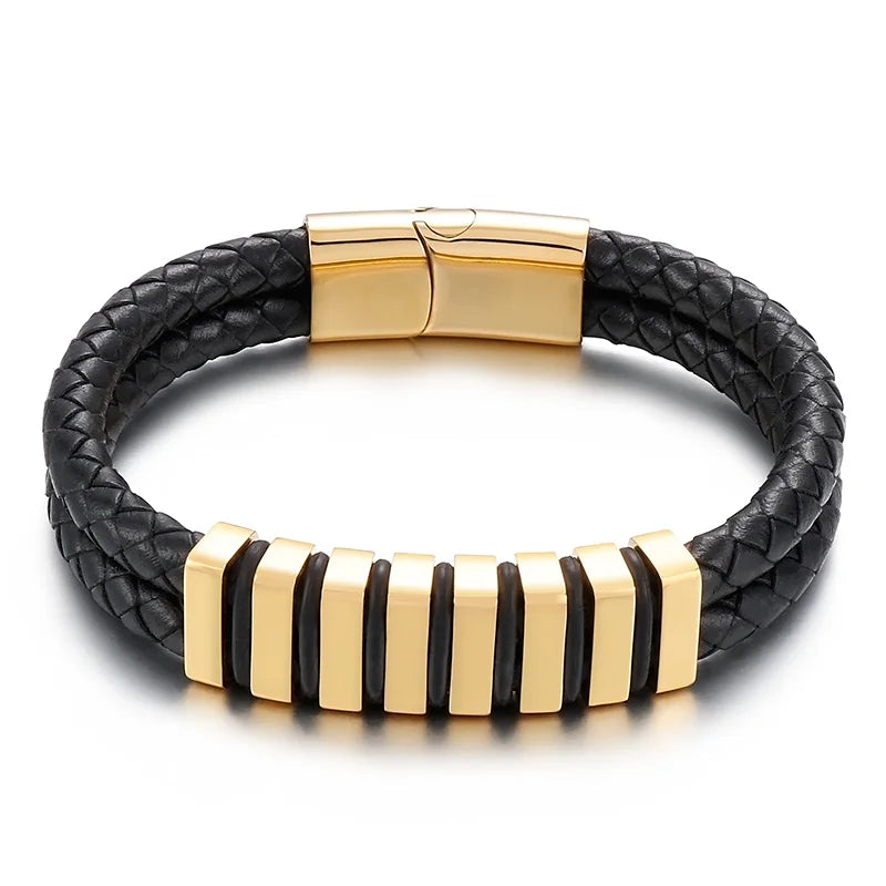 KALEN Unisex 210mm Silver/Gold Color Casual Stainless Steel&Cowhide Link Bracelet