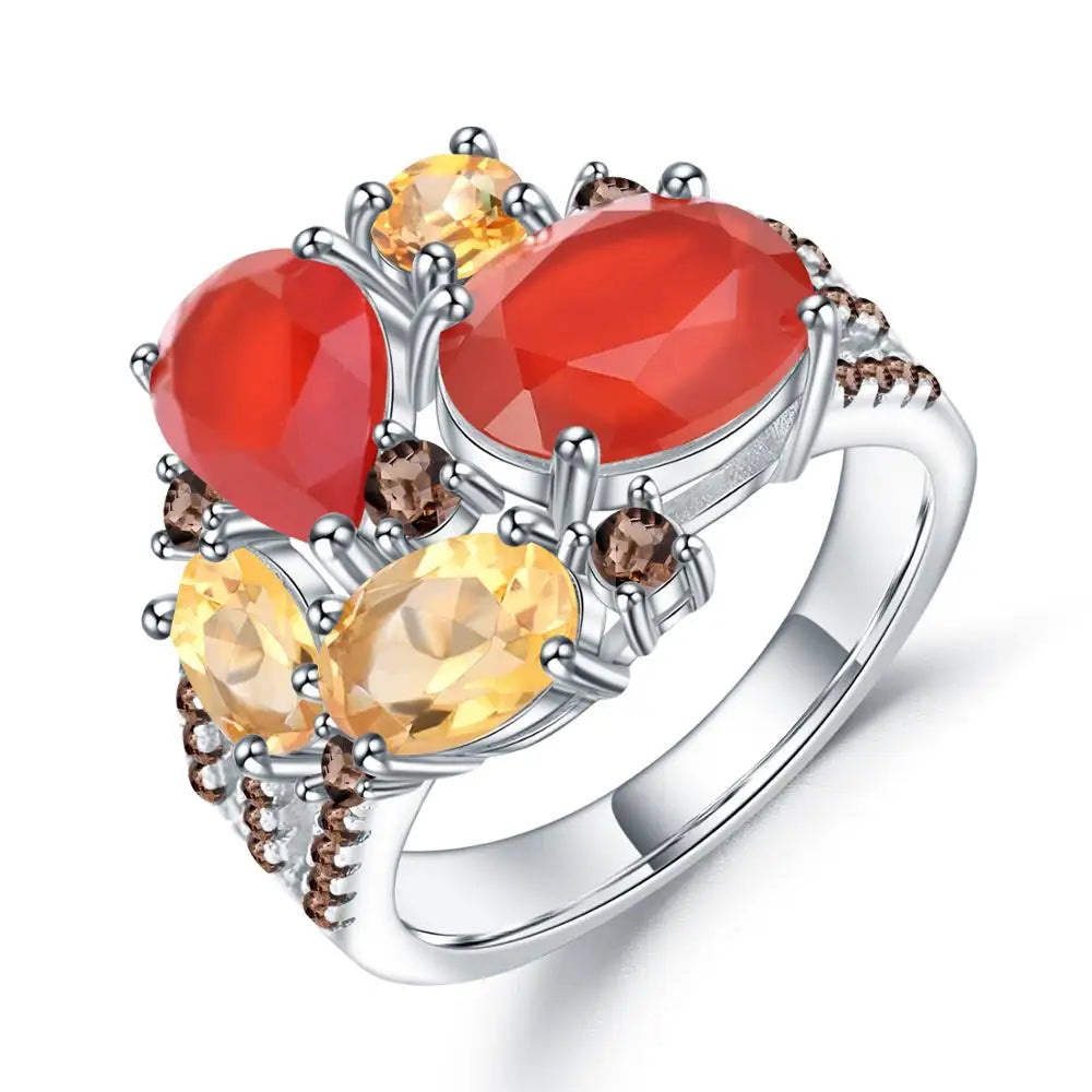 ArtistA C7645 Abiding Multiple Gemstones Natural Carnelian Red Agate Citrine 925 Silver Sterling Cluster Ring Women Jewelry