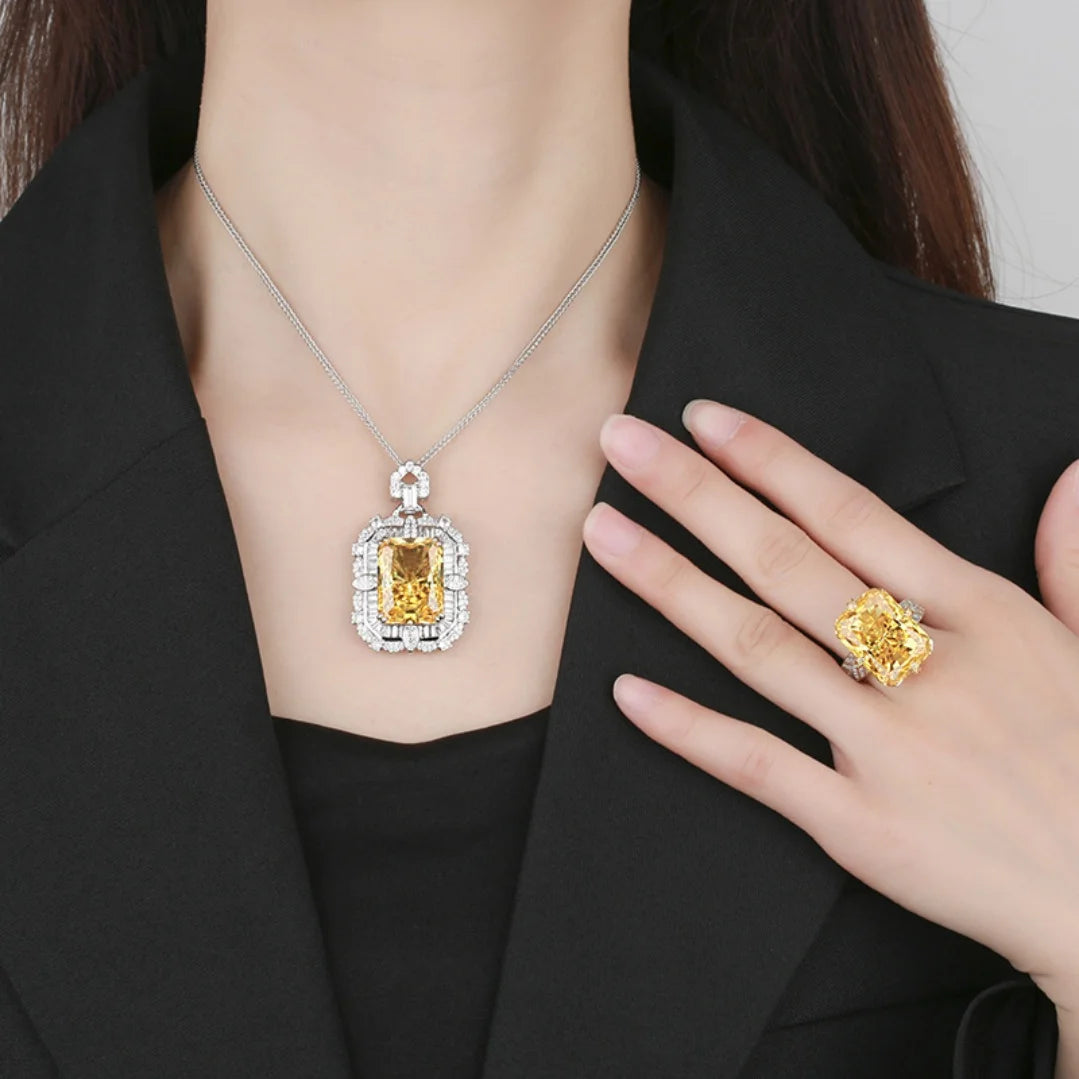 S&S Yellow Radiant Cut CZ Jewellery Set – Pendant Necklace & Ring – Gold Plated – Collection