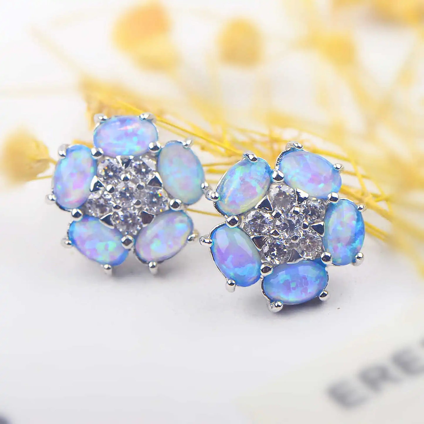 TikTok  Bestselling Five-Flower Blue Opal Studs  Cute Floral Earrings for Girls Trendy Gem Jewelry Wholesale