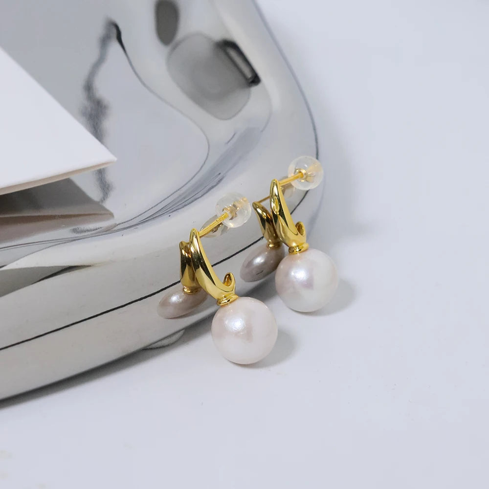 Natural Freshwater Pearl Gold Pendant Earrings Korean Style Women Luxury Jewelry Fashion Ladies and Girls Gift GE1567
