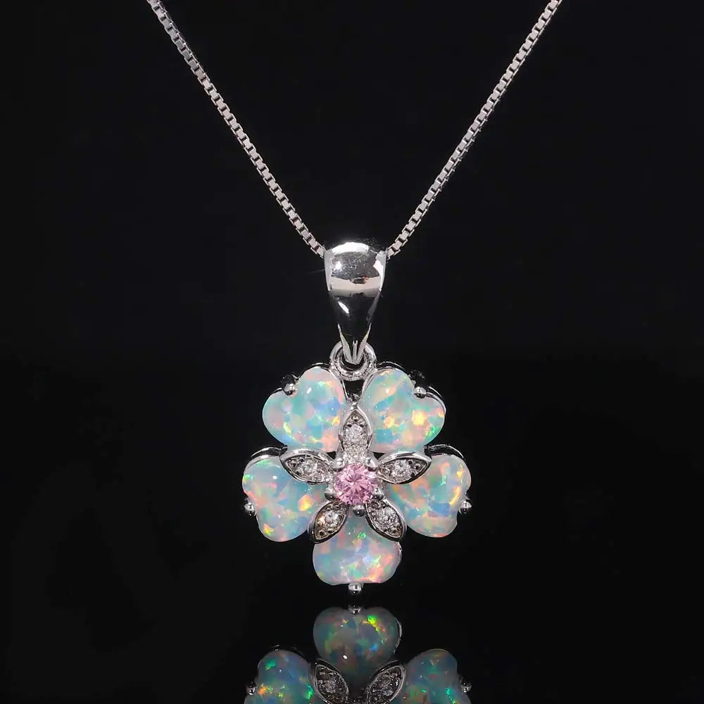Aobao Wind Hawaii Beach Explosion Copper Alloy Opal Flower Vintage Women's Party Pendant Necklace Cute Style Wholesale