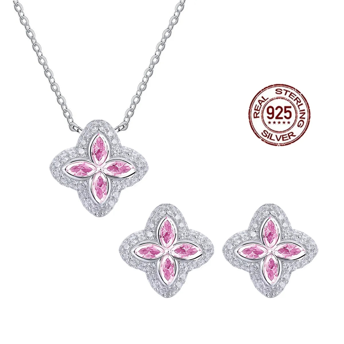 Sparkling Pink CZ 925 Sterling Silver Necklace and Earrings Bridesmaid Lucky Four Leaf Clover Jewelry Set for Women Daily Wear