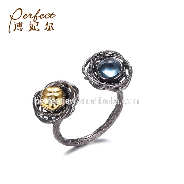 Handmade Simple Design Blue Topaz 925 Sterling Silver Jewelry Ring for Women