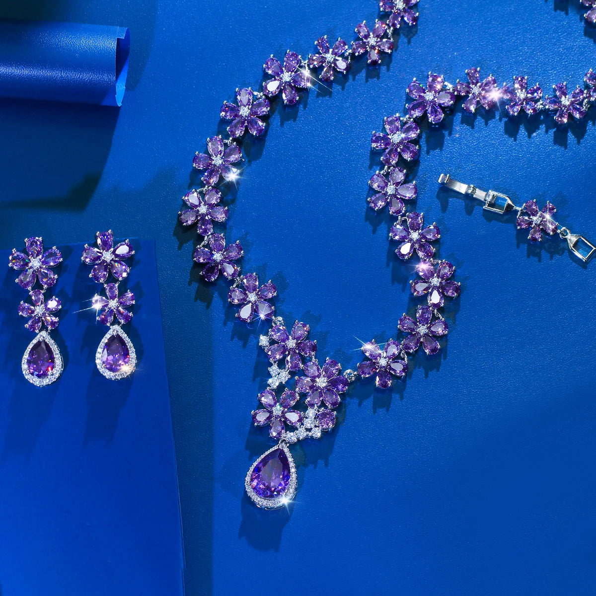 Charming Rhodium Plated CZ Jewelry Set Purple Flower Water Drop Necklace Earrings Jewelry Set for Women Brides Wedding Costume