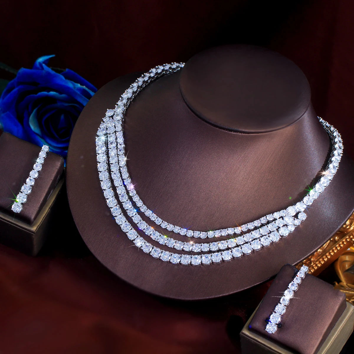 Stunning Round White Cubic Zirconia Tennis Necklace and Earrings Multi Layer Luxury Wedding Bridal Chunky Jewelry Sets for Women